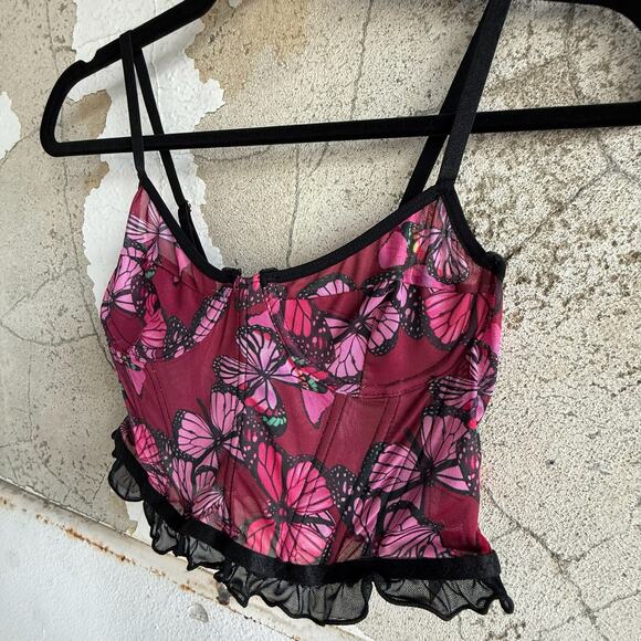 Corset Bustier Tank Top Mesh Magenta Pink Butterfly Print Black Ruffle Hem Sz 8 - Picture 4 of 7